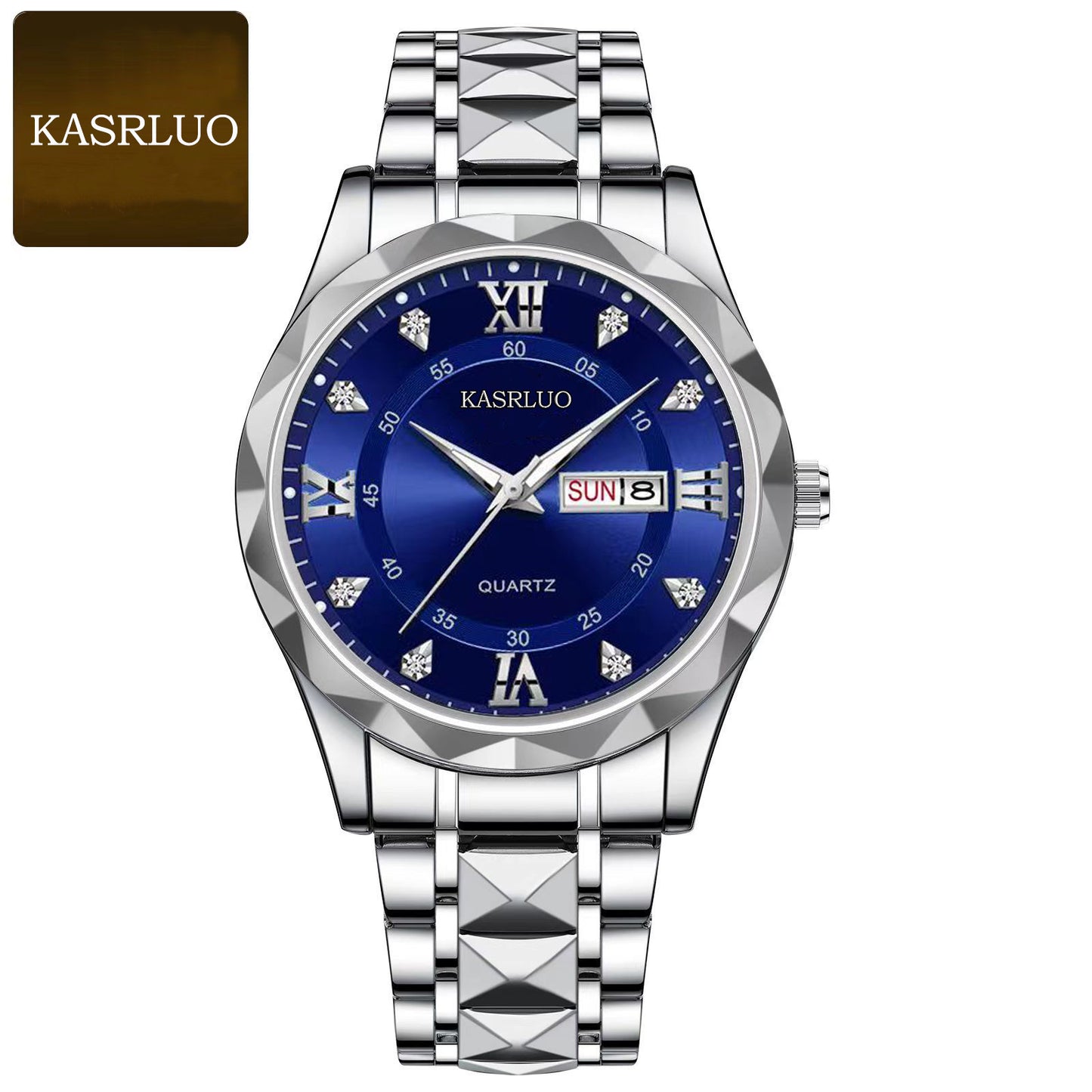 KASRLUO Watch Men's English Date Diamond Case with Luminous Waterproof Minimalist Quartz Watch Large Dial