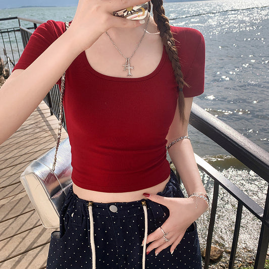 Red short sleeve shoulder t-shirt women's summer 2024 new hot U-neck half-sleeved slim short large neckline top by My Store