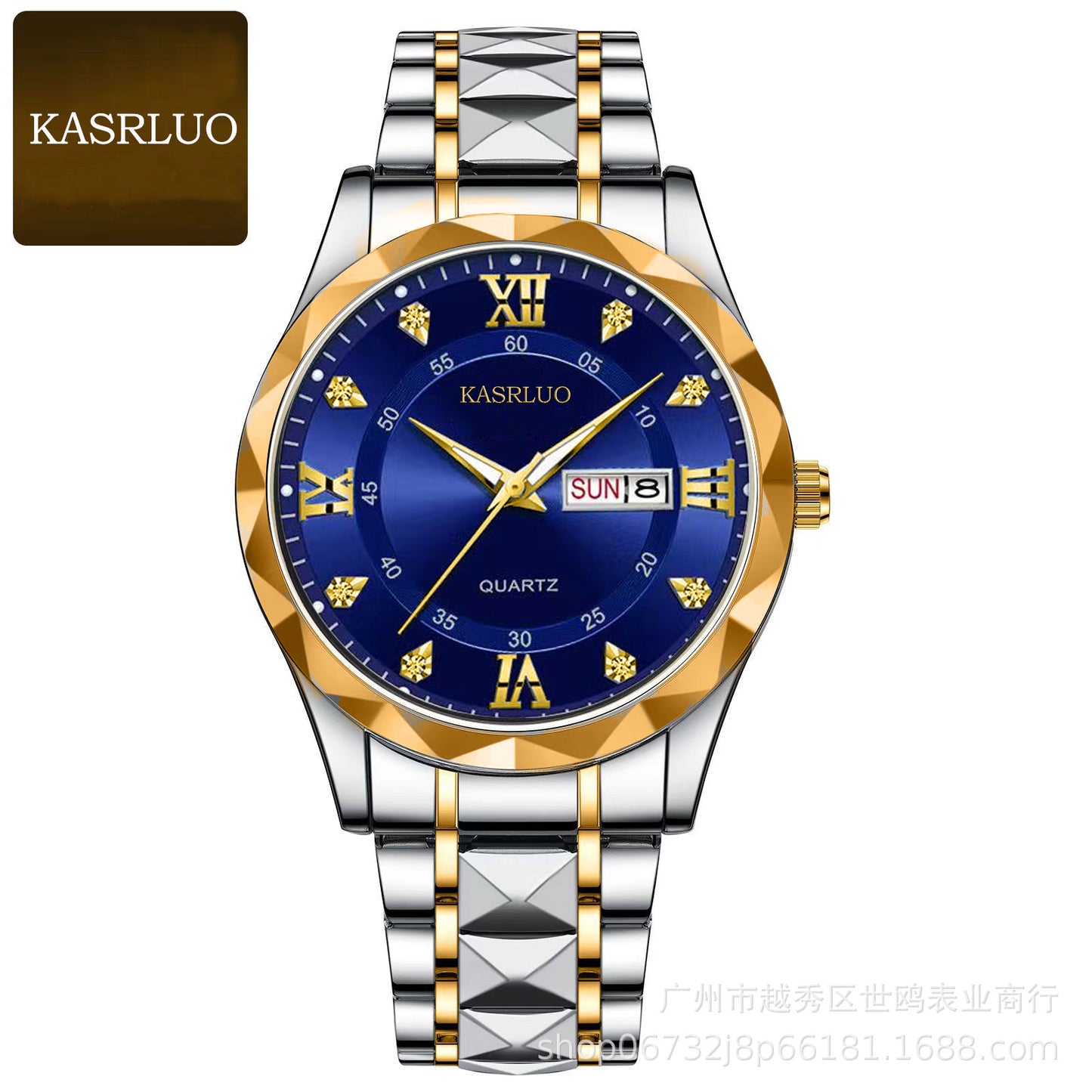 KASRLUO Watch Men's English Date Diamond Case with Luminous Waterproof Minimalist Quartz Watch Large Dial