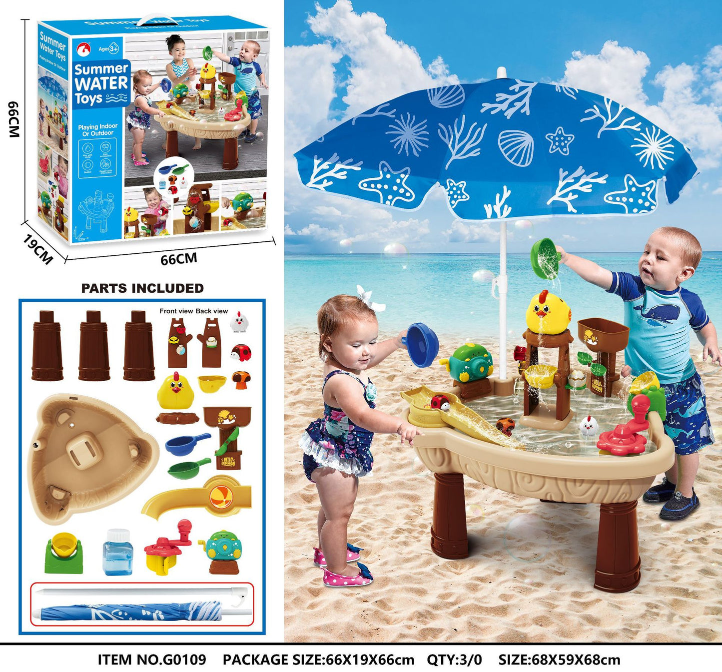 Children's beach play toys Seaside water play table with parasol Outdoor chicken play in the water and sand set by My Store