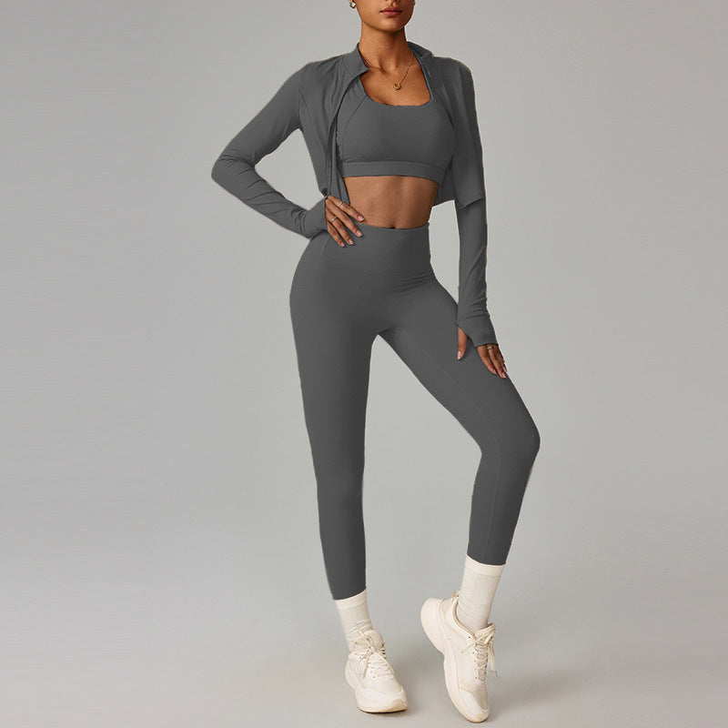 Cross-border cloud sense outdoor sports tight yoga suit set, nude fitness clothing, shockproof high-waisted yoga suit three-piece set