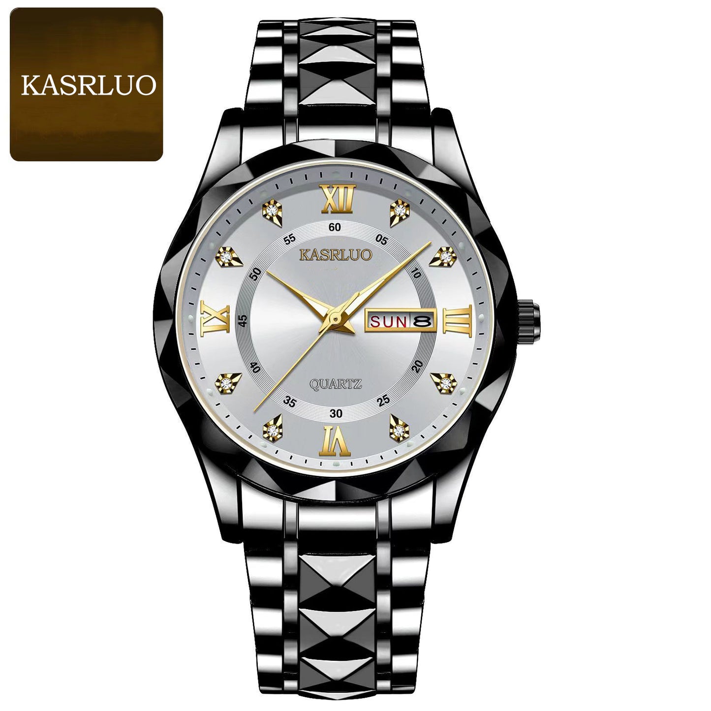 KASRLUO Watch Men's English Date Diamond Case with Luminous Waterproof Minimalist Quartz Watch Large Dial