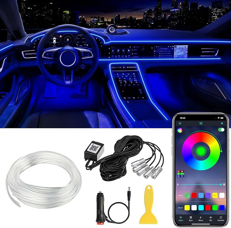 Car LED ambient lighting: RGB 16 million color fiber optic ambient lights, music rhythm lights, interior ambient lighting, full-vehicle ambient lighting