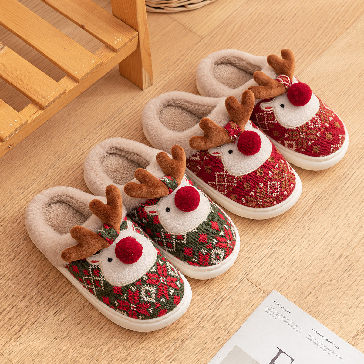 Cross-border Christmas elk cotton slippers female fleece non-slip winter warmth autumn and winter student bedroom home shoes