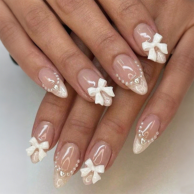 24 pieces cross-border foreign trade wearable nail ins bow pearl almond nail lady's nail finger nail piece spot wholesale