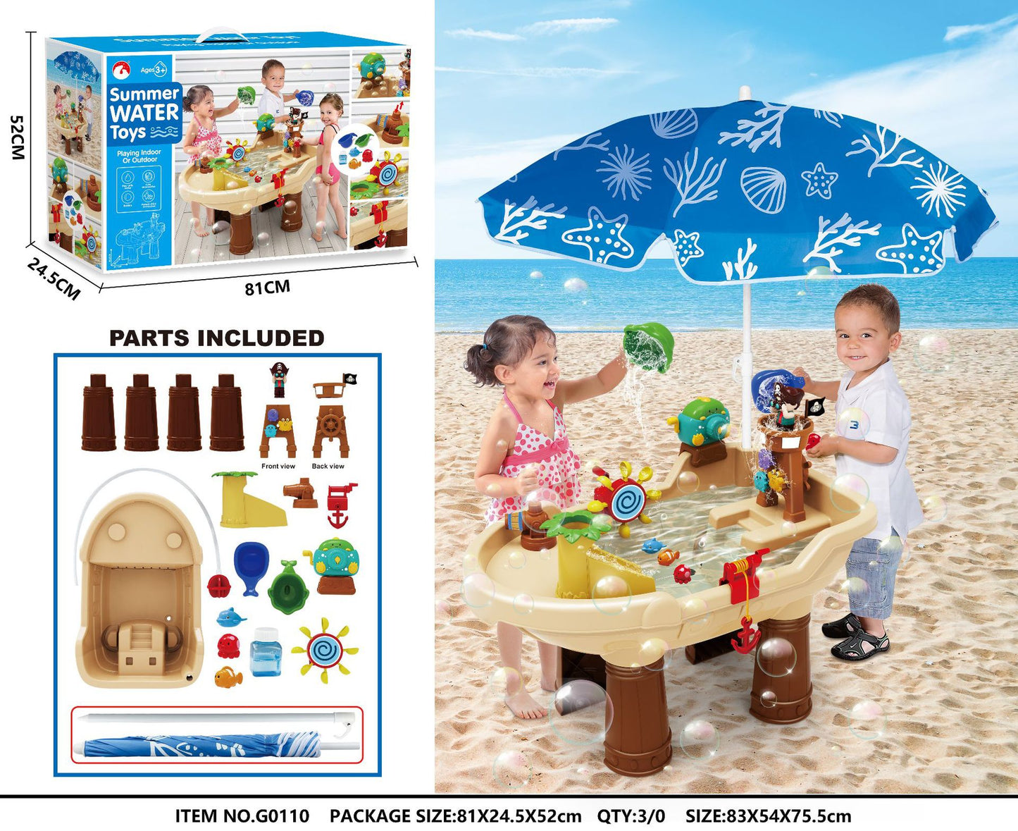 Children's beach play toys Seaside water play table with parasol Outdoor chicken play in the water and sand set by My Store