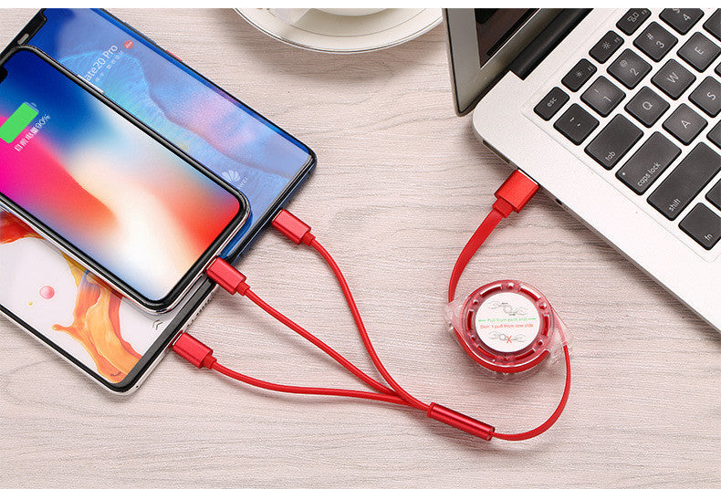 Crystal one to three telescopic data cable, fast charging, mobile phone advertising, exhibition, promotional gifts, 3-in-1 charging cable in stock