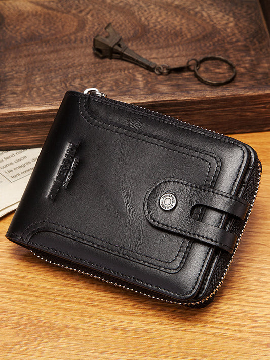 RFID anti-theft brush men's leather wallet top layer cowhide short coin purse zipper European and American retro leather goods men's bag