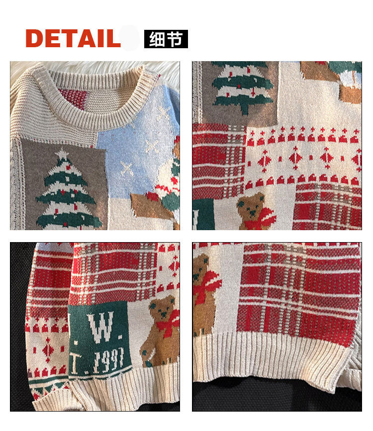 Japanese vintage Christmas bear sweater men's ins autumn and winter loose crew neckline clothes lazy style couple knitwear trend