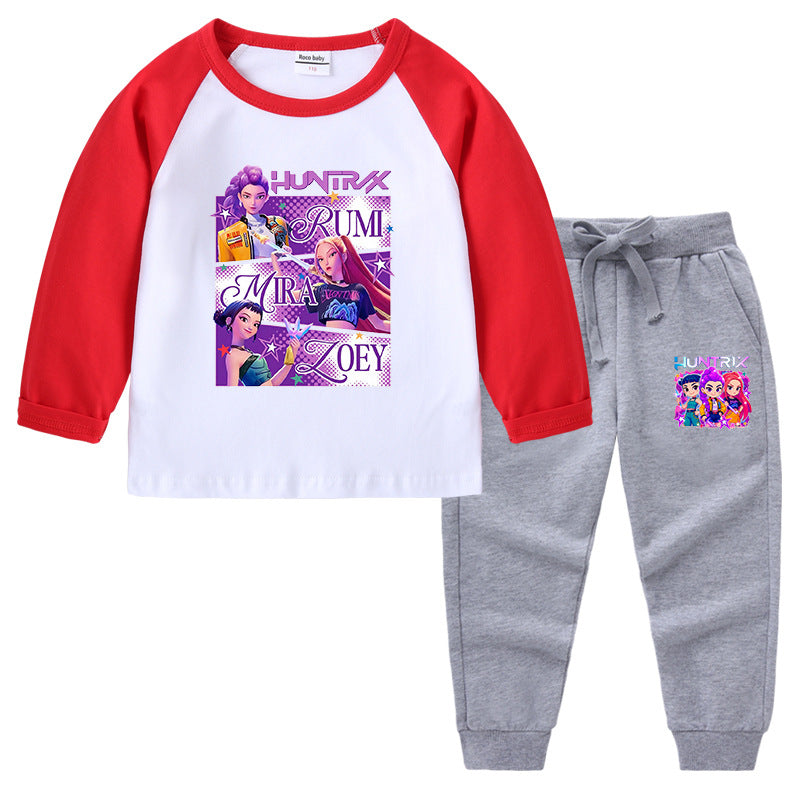 Kpop Witch Hunt Group Korean version raglan spring and autumn girls' T-shirt crew neck cartoon long-sleeved top base shirt set