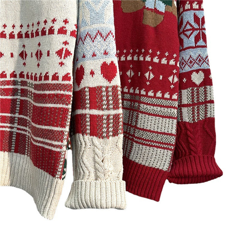 Japanese vintage Christmas bear sweater men's ins autumn and winter loose crew neckline clothes lazy style couple knitwear trend