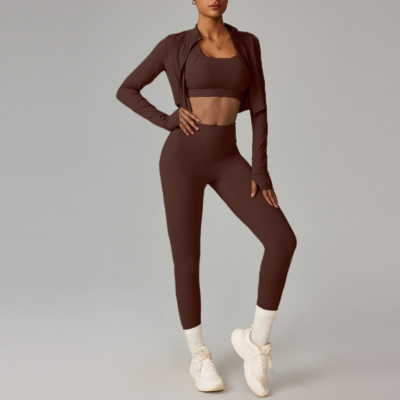 Cross-border cloud sense outdoor sports tight yoga suit set, nude fitness clothing, shockproof high-waisted yoga suit three-piece set