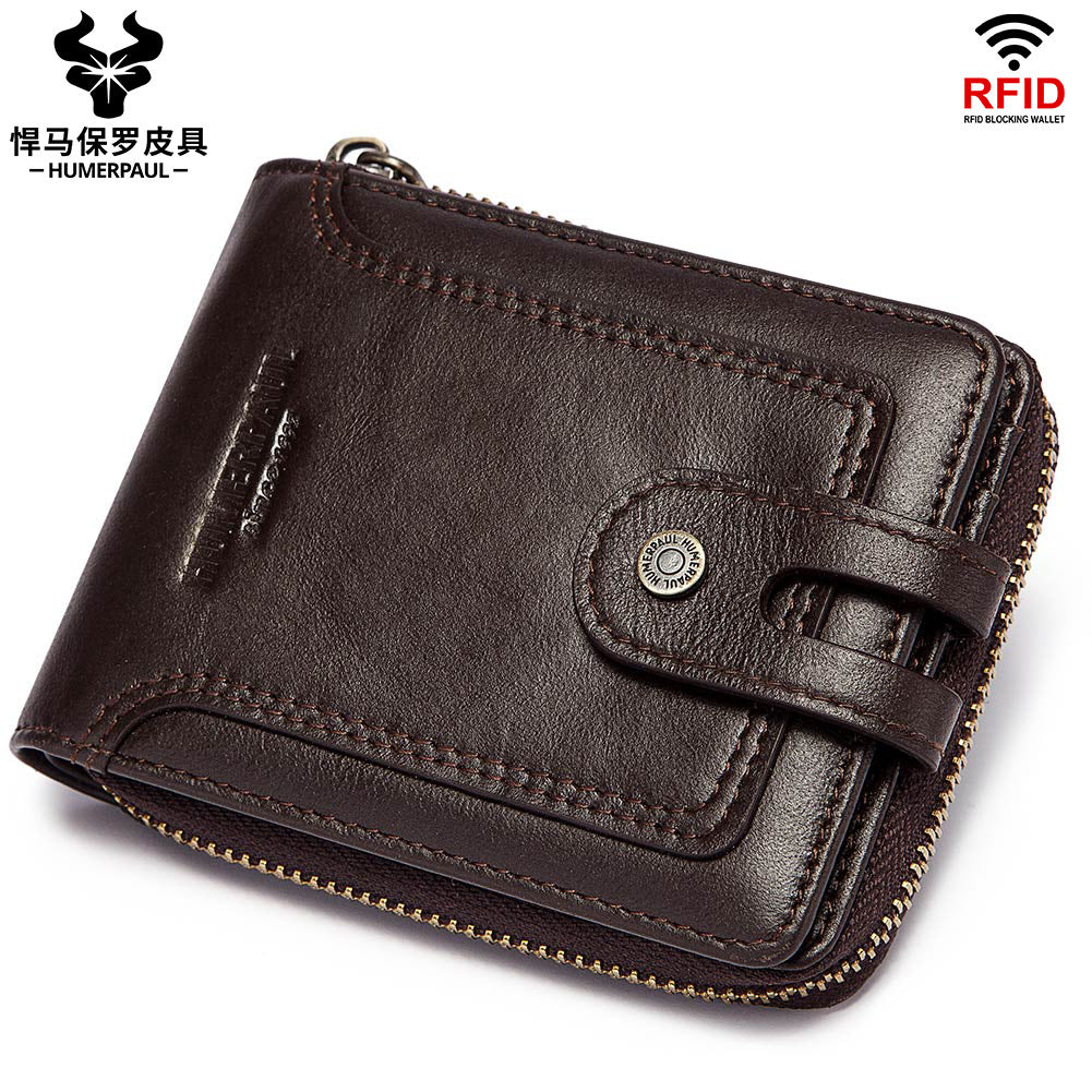 RFID anti-theft brush men's leather wallet top layer cowhide short coin purse zipper European and American retro leather goods men's bag