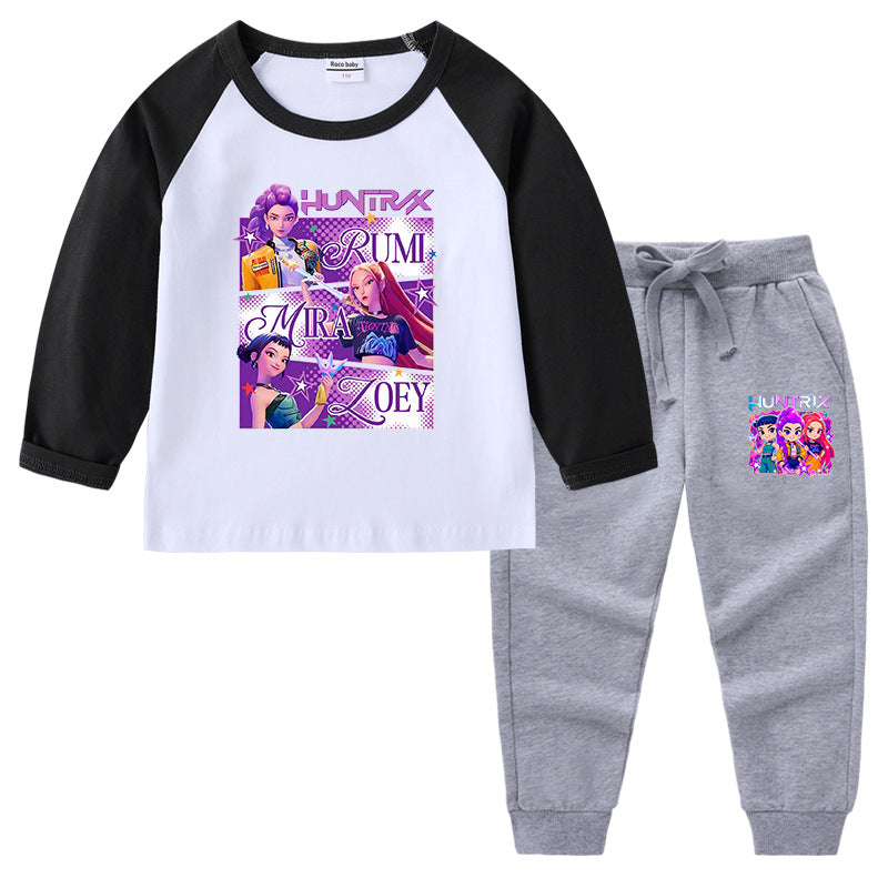 Kpop Witch Hunt Group Korean version raglan spring and autumn girls' T-shirt crew neck cartoon long-sleeved top base shirt set