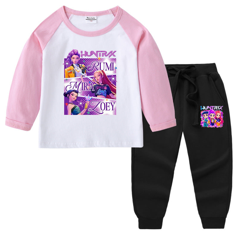 Kpop Witch Hunt Group Korean version raglan spring and autumn girls' T-shirt crew neck cartoon long-sleeved top base shirt set