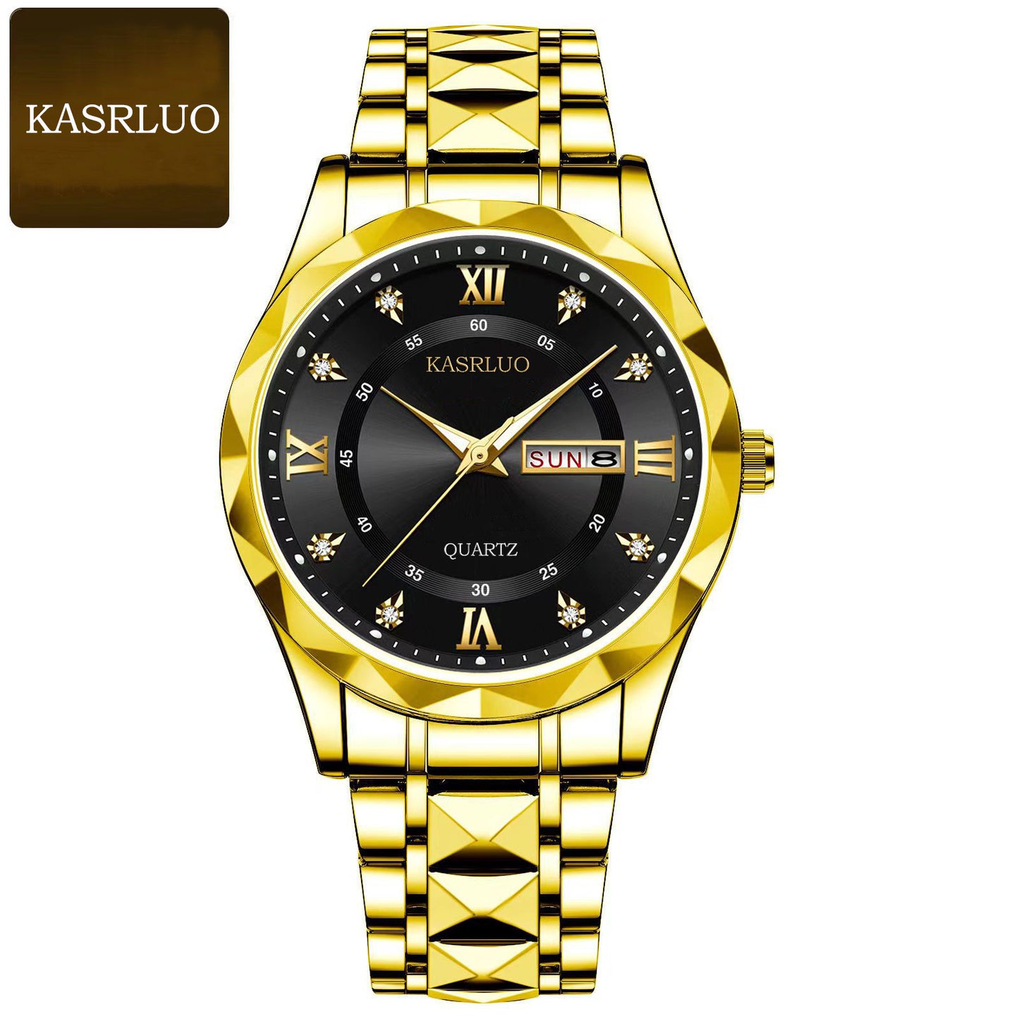 KASRLUO Watch Men's English Date Diamond Case with Luminous Waterproof Minimalist Quartz Watch Large Dial