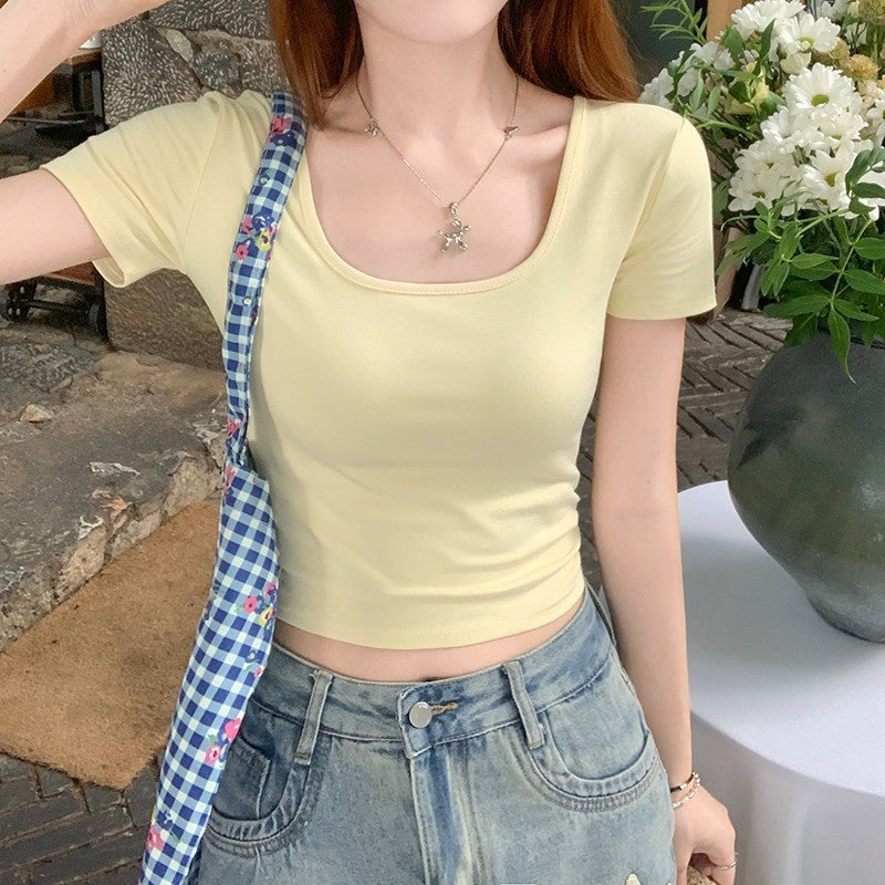 Red short sleeve shoulder t-shirt women's summer 2024 new hot U-neck half-sleeved slim short large neckline top by My Store