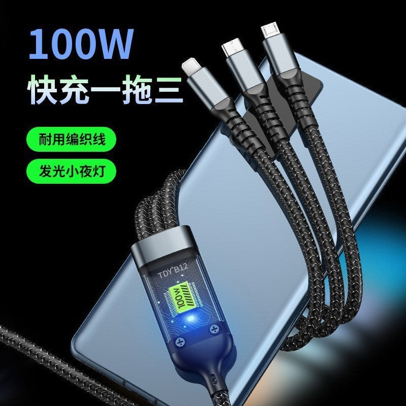 100w 3-in-1 fast charging data cable, mobile phone charging cable, suitable for Apple, Huawei, 1-in-3 braided fast charging cable
