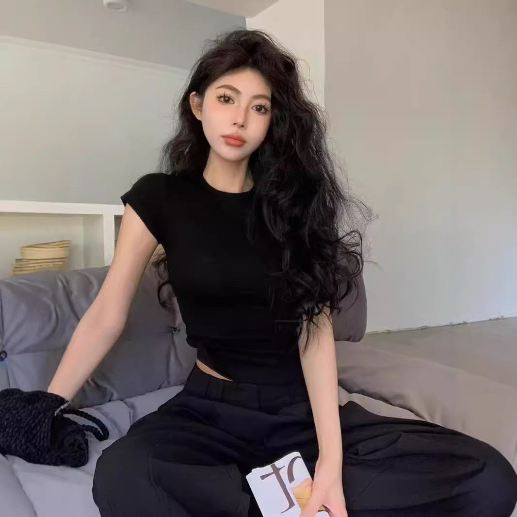 Summer shoulder t-shirt white short sleeve female slim babes short base shirt new round neck wear source manufacturer by My Store