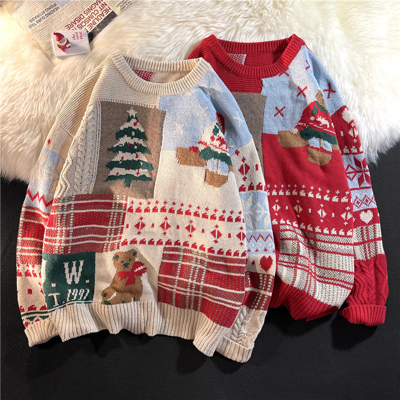 Japanese vintage Christmas bear sweater men's ins autumn and winter loose crew neckline clothes lazy style couple knitwear trend