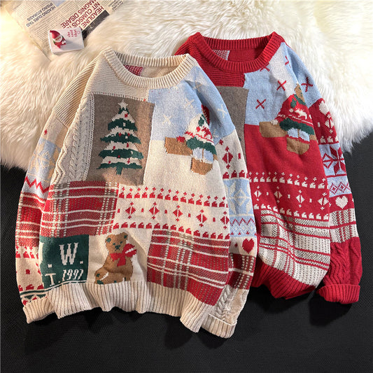 Japanese vintage Christmas bear sweater men's ins autumn and winter loose crew neckline clothes lazy style couple knitwear trend