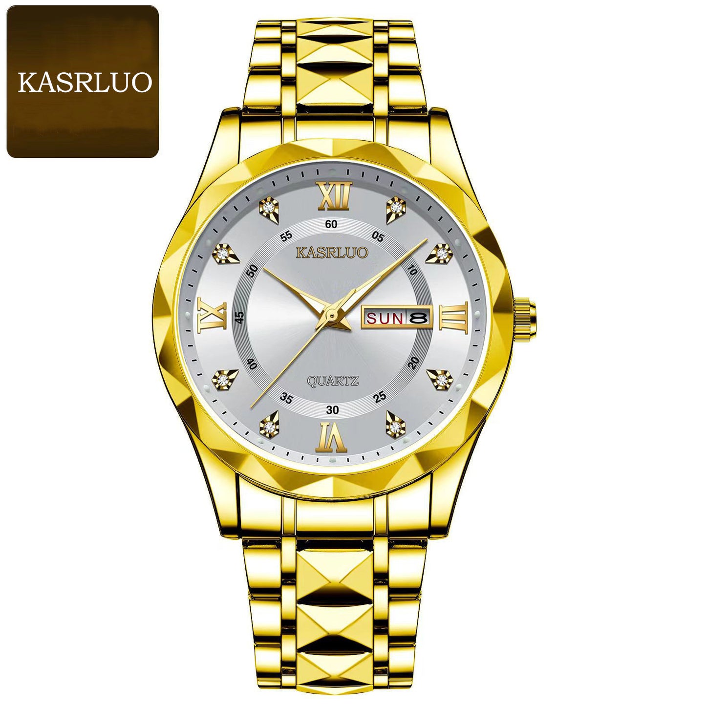KASRLUO Watch Men's English Date Diamond Case with Luminous Waterproof Minimalist Quartz Watch Large Dial