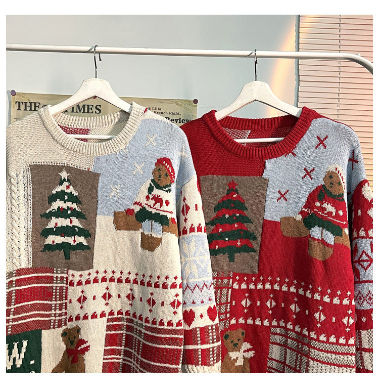 Japanese vintage Christmas bear sweater men's ins autumn and winter loose crew neckline clothes lazy style couple knitwear trend