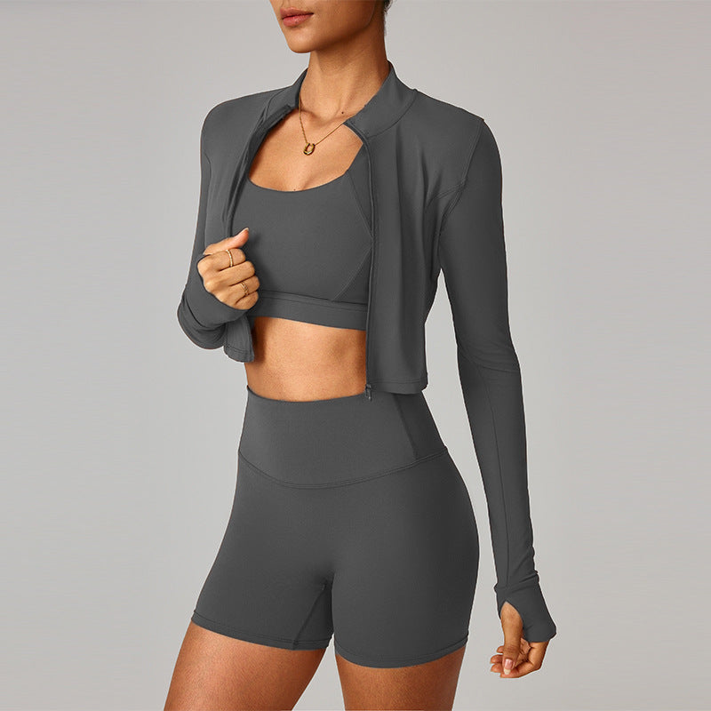 Cross-border cloud sense outdoor sports tight yoga suit set, nude fitness clothing, shockproof high-waisted yoga suit three-piece set