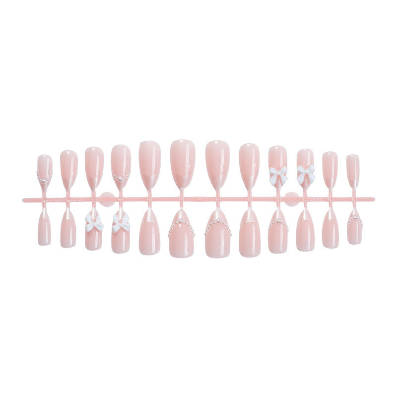 24 pieces cross-border foreign trade wearable nail ins bow pearl almond nail lady's nail finger nail piece spot wholesale