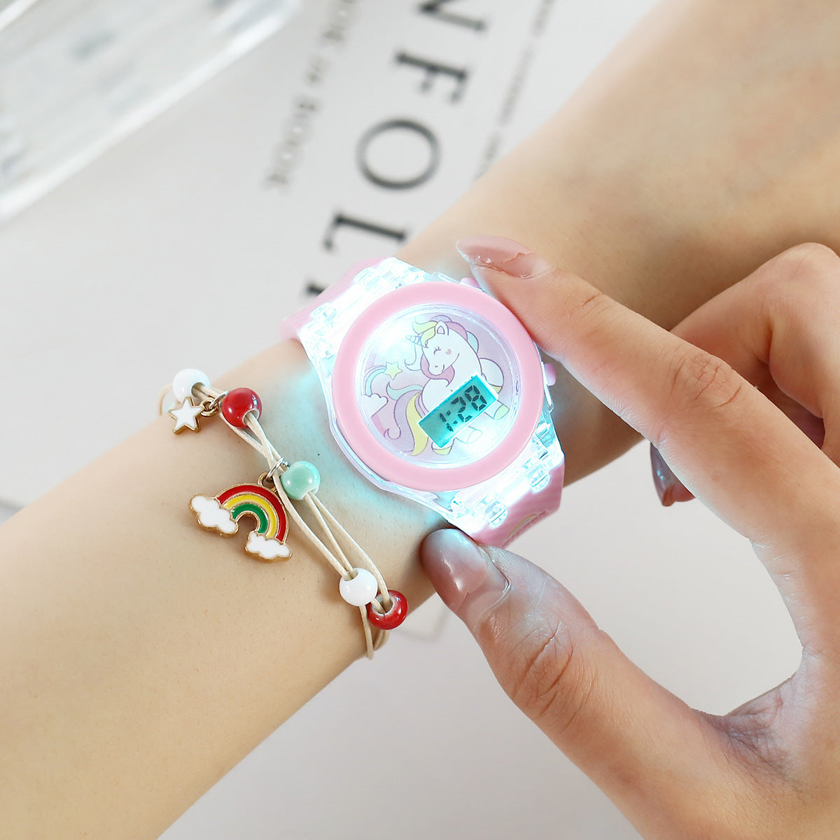 New Kids Glow Watch Unicorn Luminous Silicone Electronic Watch Plus Bracelet (2pcs set)