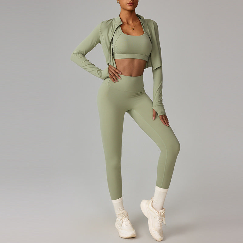 Cross-border cloud sense outdoor sports tight yoga suit set, nude fitness clothing, shockproof high-waisted yoga suit three-piece set