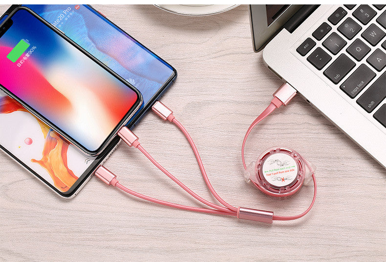 Crystal one to three telescopic data cable, fast charging, mobile phone advertising, exhibition, promotional gifts, 3-in-1 charging cable in stock
