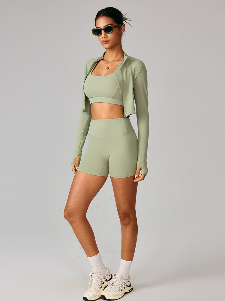 Cross-border cloud sense outdoor sports tight yoga suit set, nude fitness clothing, shockproof high-waisted yoga suit three-piece set