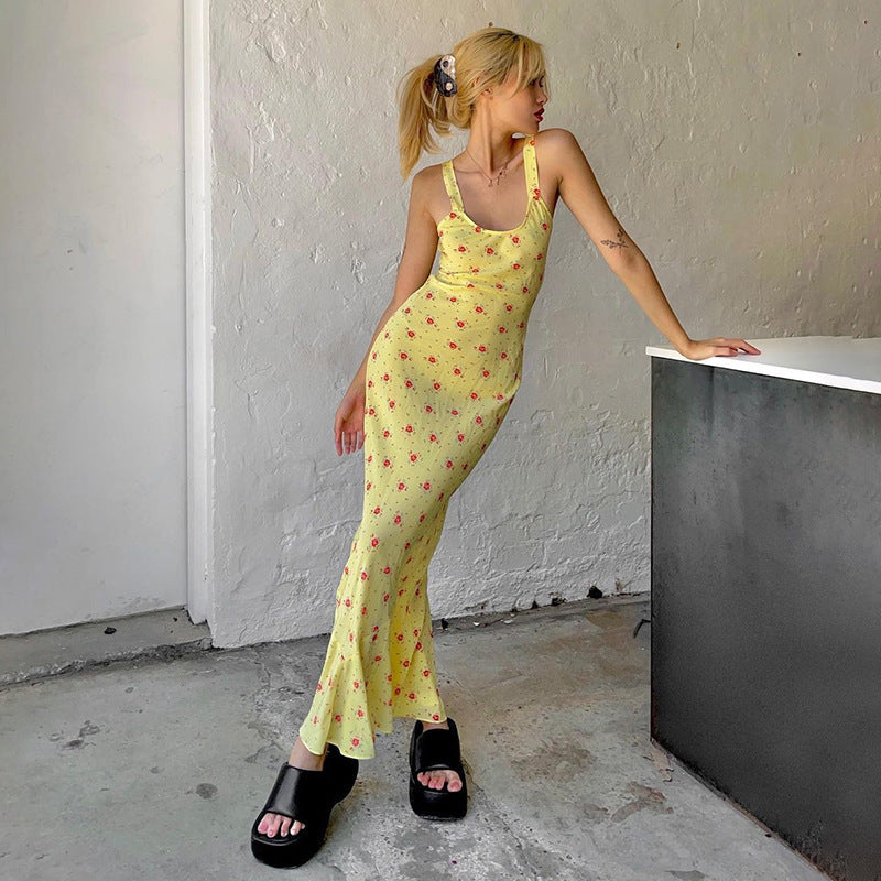 French European and American foreign trade women's floral long skirt suspender soft and comfortable sexy casual vacation trend cotton dress by My Store