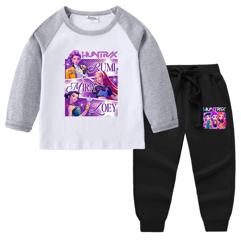 Kpop Witch Hunt Group Korean version raglan spring and autumn girls' T-shirt crew neck cartoon long-sleeved top base shirt set