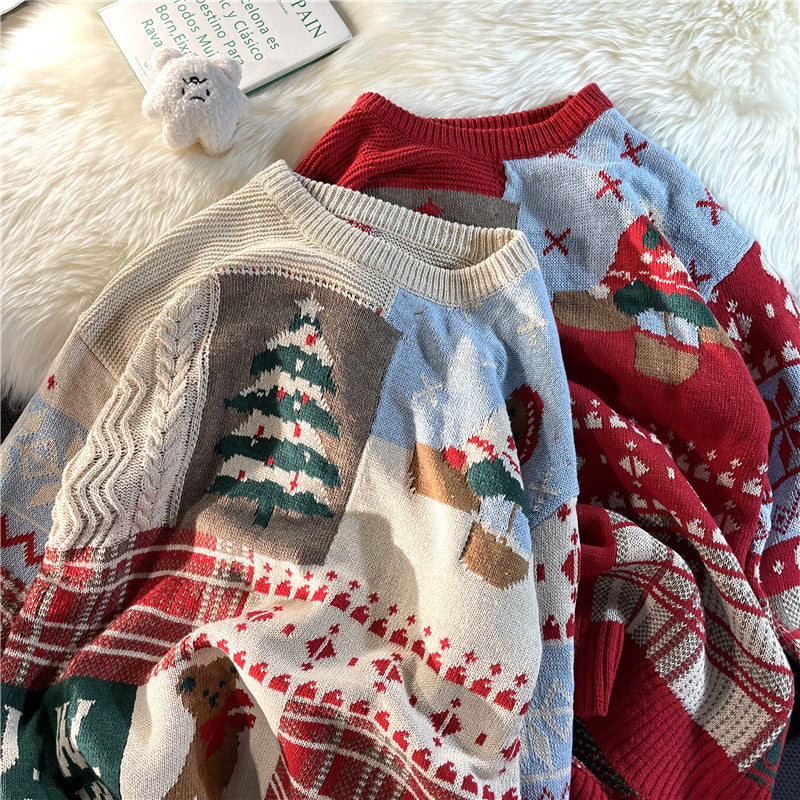 Japanese vintage Christmas bear sweater men's ins autumn and winter loose crew neckline clothes lazy style couple knitwear trend