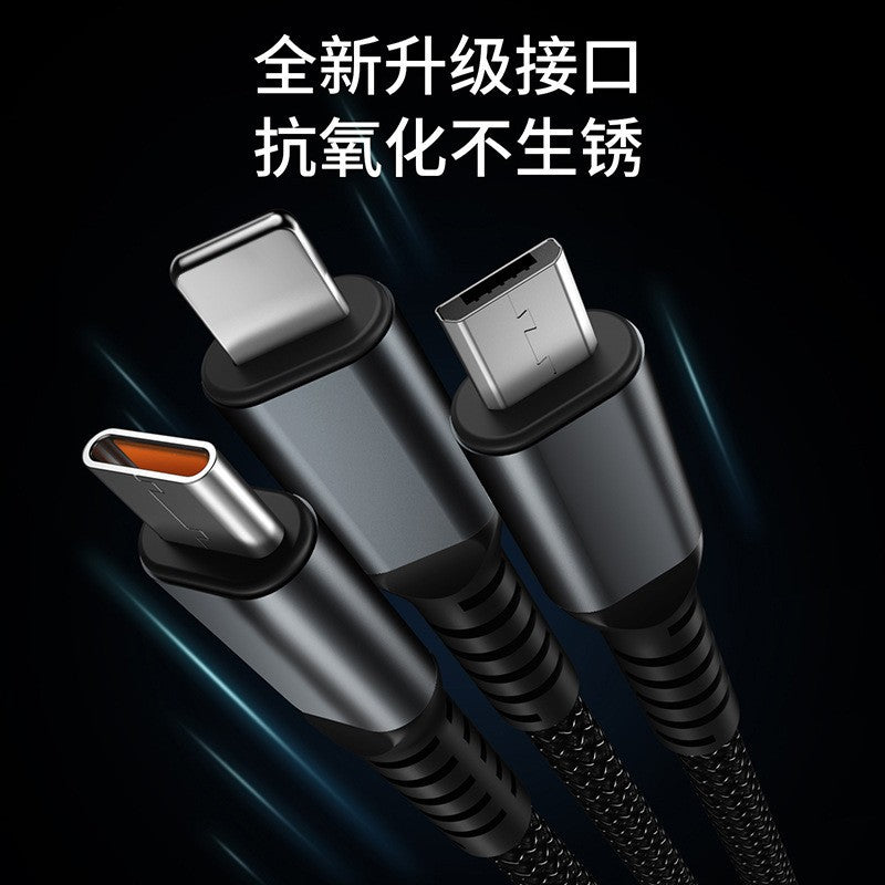 100w 3-in-1 fast charging data cable, mobile phone charging cable, suitable for Apple, Huawei, 1-in-3 braided fast charging cable