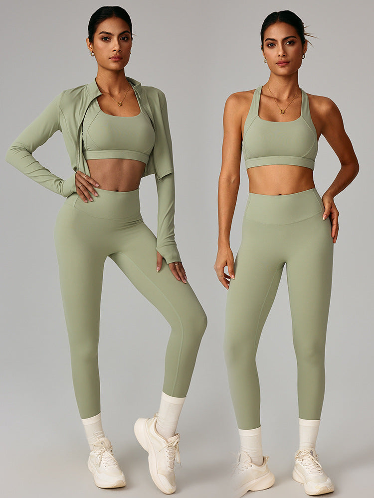 Cross-border cloud sense outdoor sports tight yoga suit set, nude fitness clothing, shockproof high-waisted yoga suit three-piece set