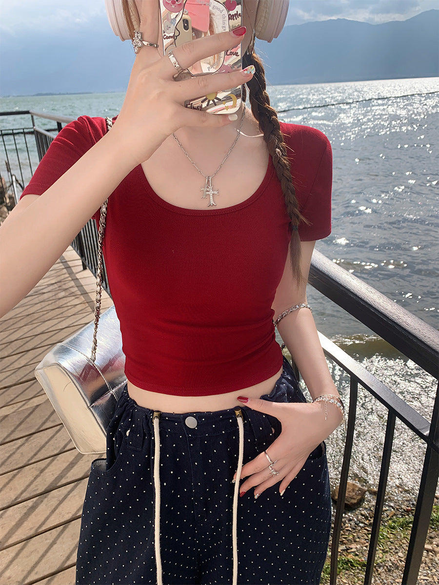 Red short sleeve shoulder t-shirt women's summer 2024 new hot U-neck half-sleeved slim short large neckline top by My Store