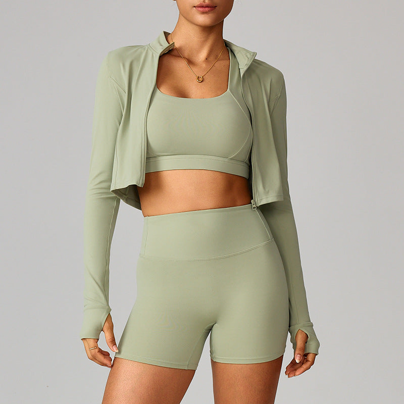 Cross-border cloud sense outdoor sports tight yoga suit set, nude fitness clothing, shockproof high-waisted yoga suit three-piece set