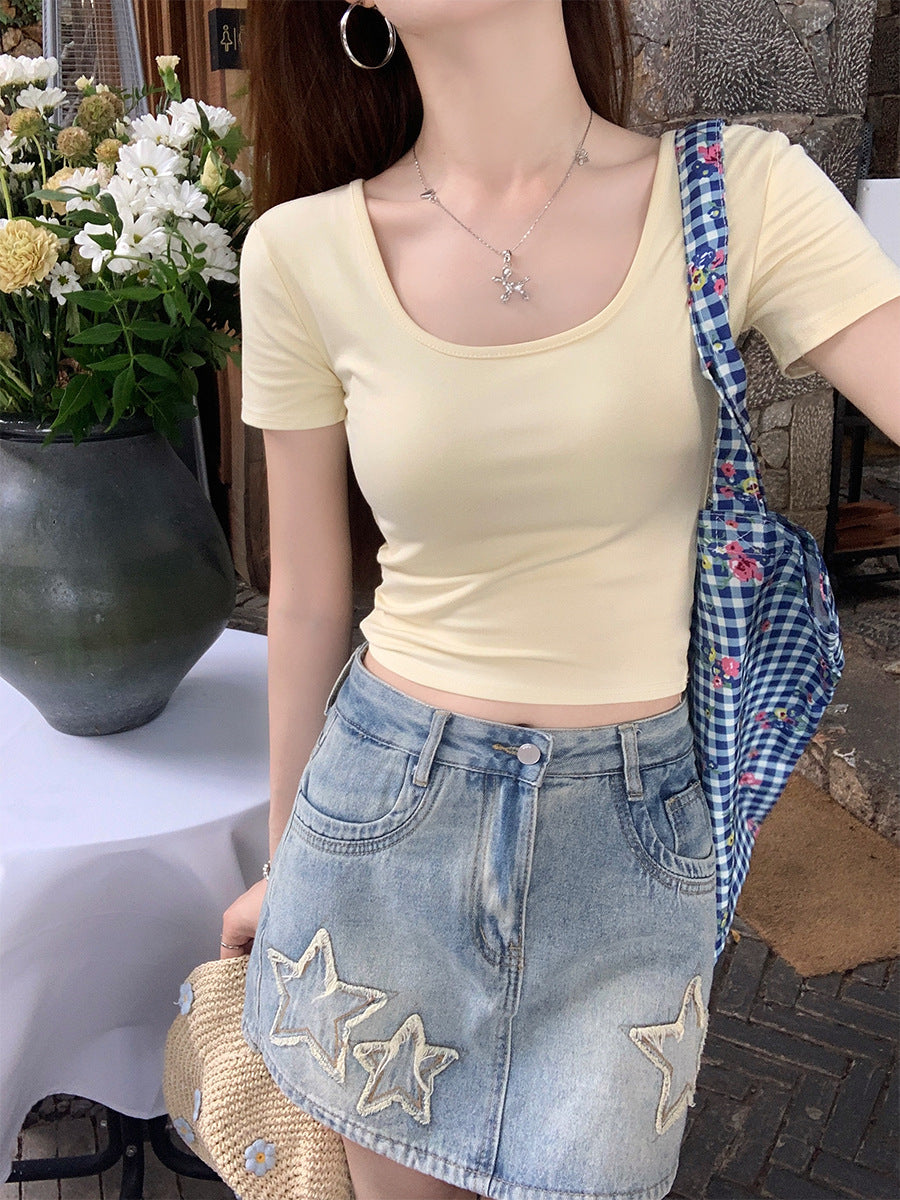 Red short sleeve shoulder t-shirt women's summer 2024 new hot U-neck half-sleeved slim short large neckline top by My Store