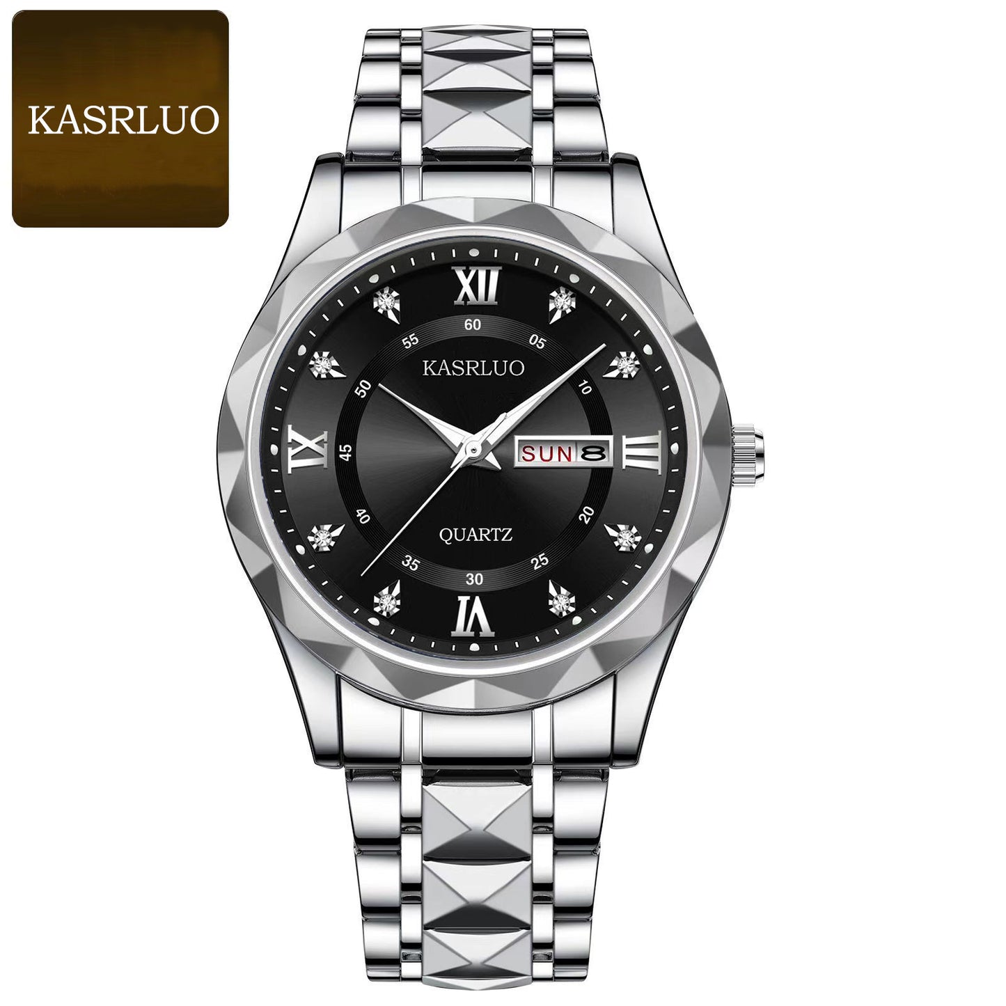 KASRLUO Watch Men's English Date Diamond Case with Luminous Waterproof Minimalist Quartz Watch Large Dial