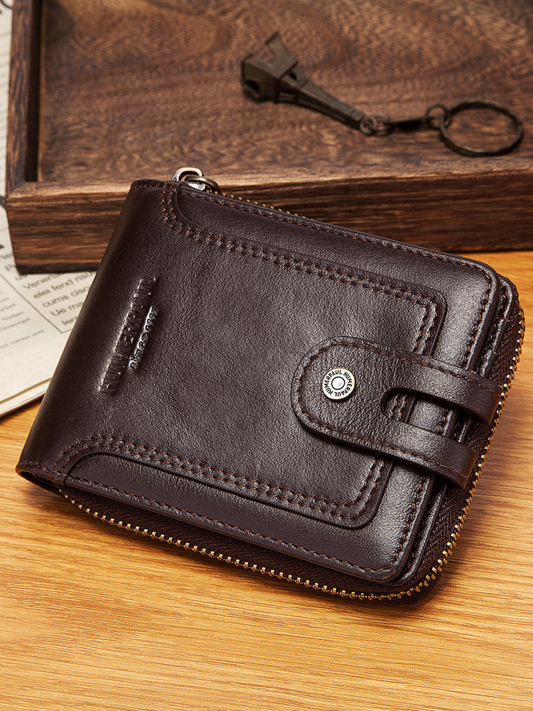 RFID anti-theft brush men's leather wallet top layer cowhide short coin purse zipper European and American retro leather goods men's bag