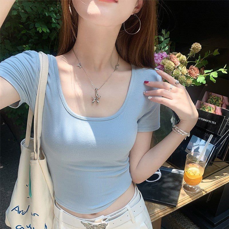 Red short sleeve shoulder t-shirt women's summer 2024 new hot U-neck half-sleeved slim short large neckline top by My Store