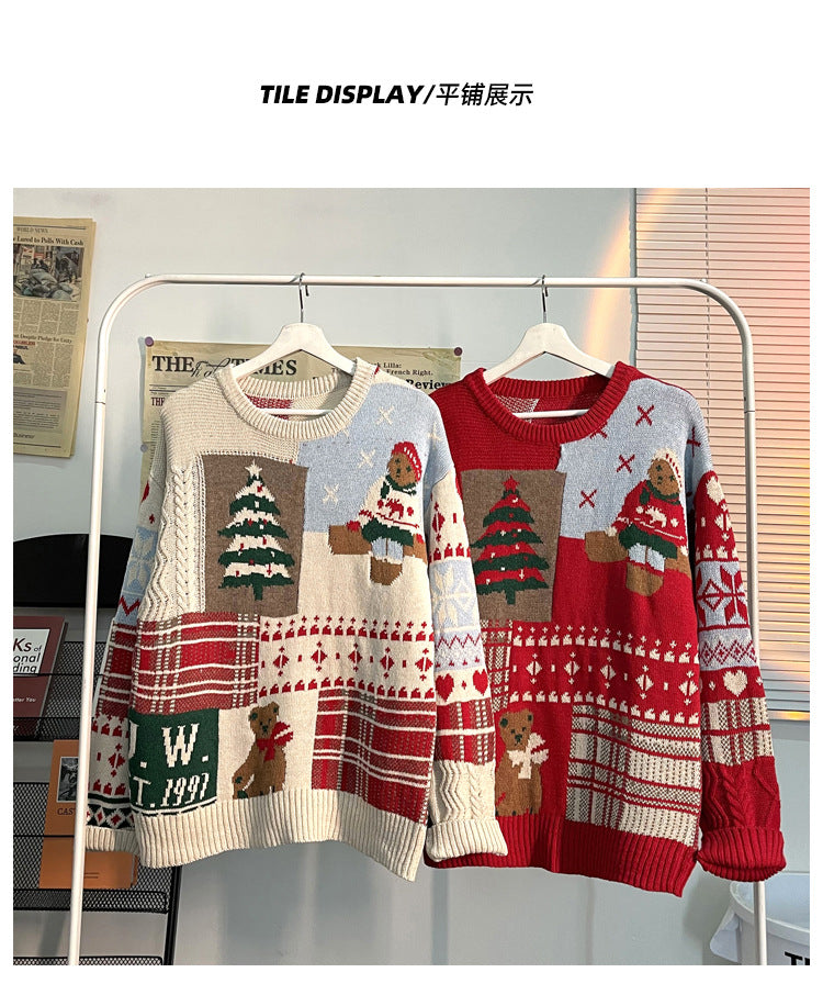 Japanese vintage Christmas bear sweater men's ins autumn and winter loose crew neckline clothes lazy style couple knitwear trend