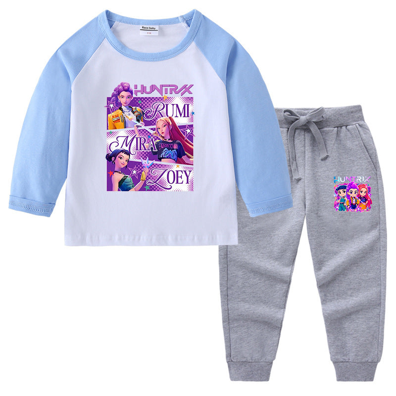 Kpop Witch Hunt Group Korean version raglan spring and autumn girls' T-shirt crew neck cartoon long-sleeved top base shirt set