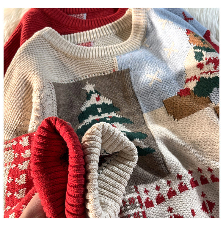 Japanese vintage Christmas bear sweater men's ins autumn and winter loose crew neckline clothes lazy style couple knitwear trend