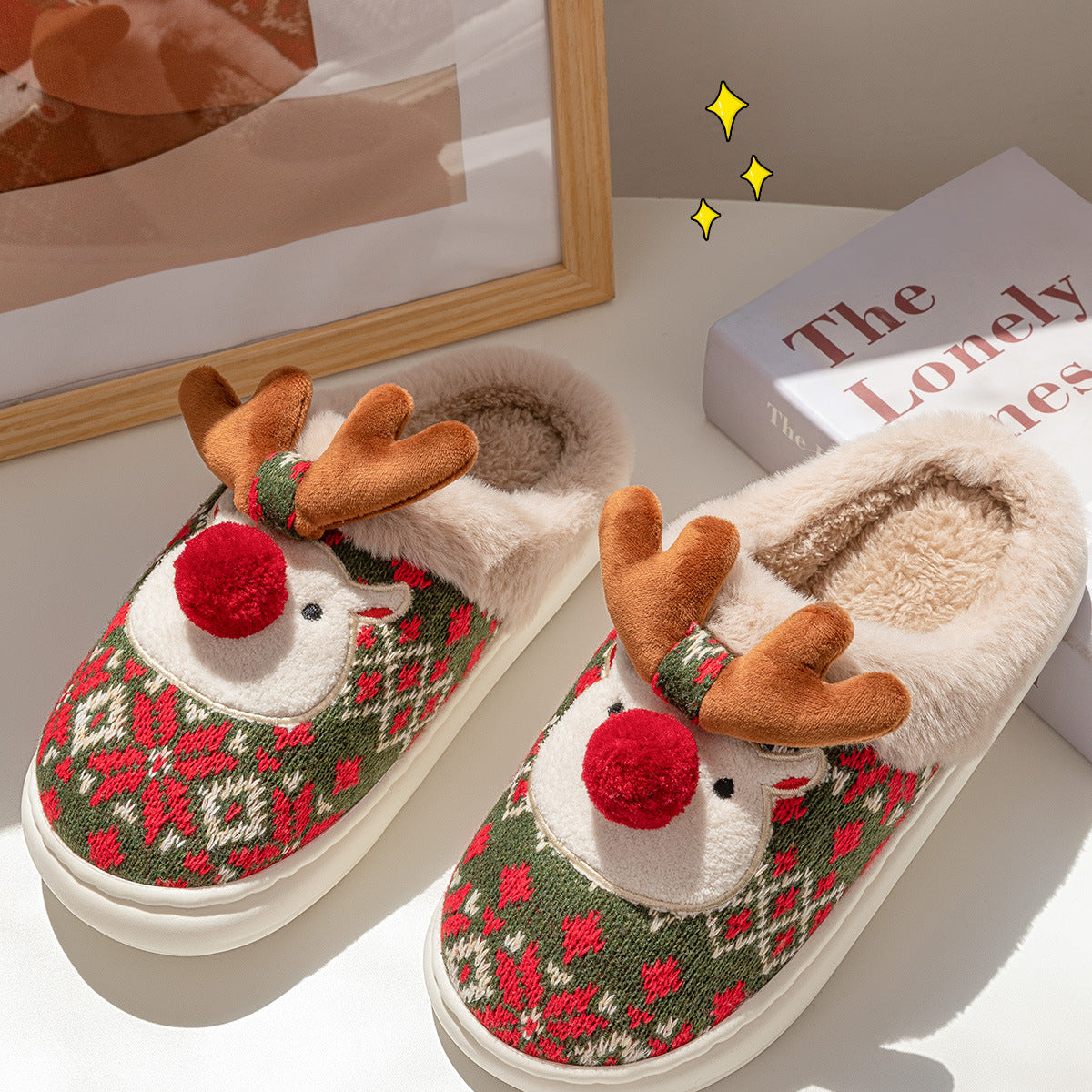 Cross-border Christmas elk cotton slippers female fleece non-slip winter warmth autumn and winter student bedroom home shoes