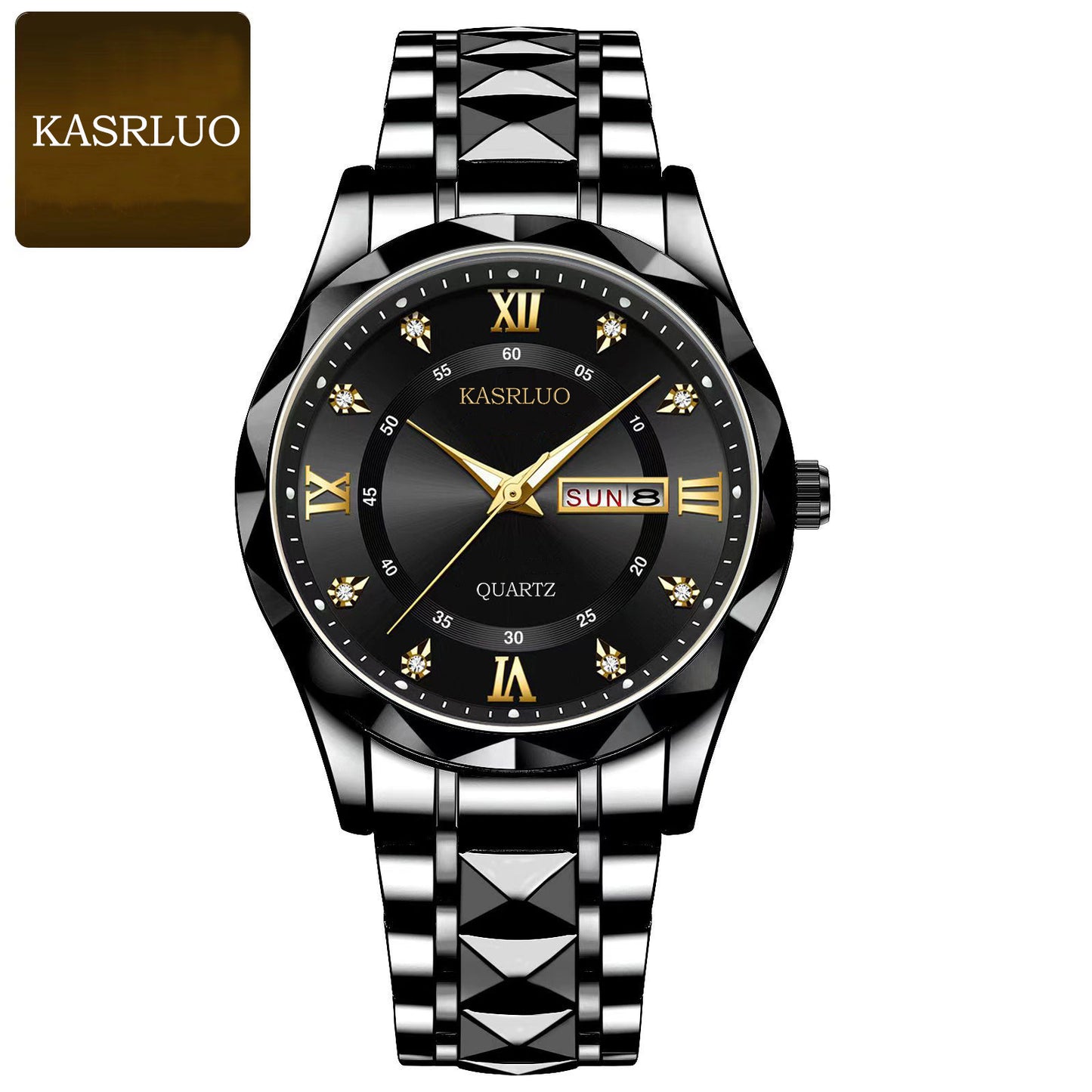 KASRLUO Watch Men's English Date Diamond Case with Luminous Waterproof Minimalist Quartz Watch Large Dial