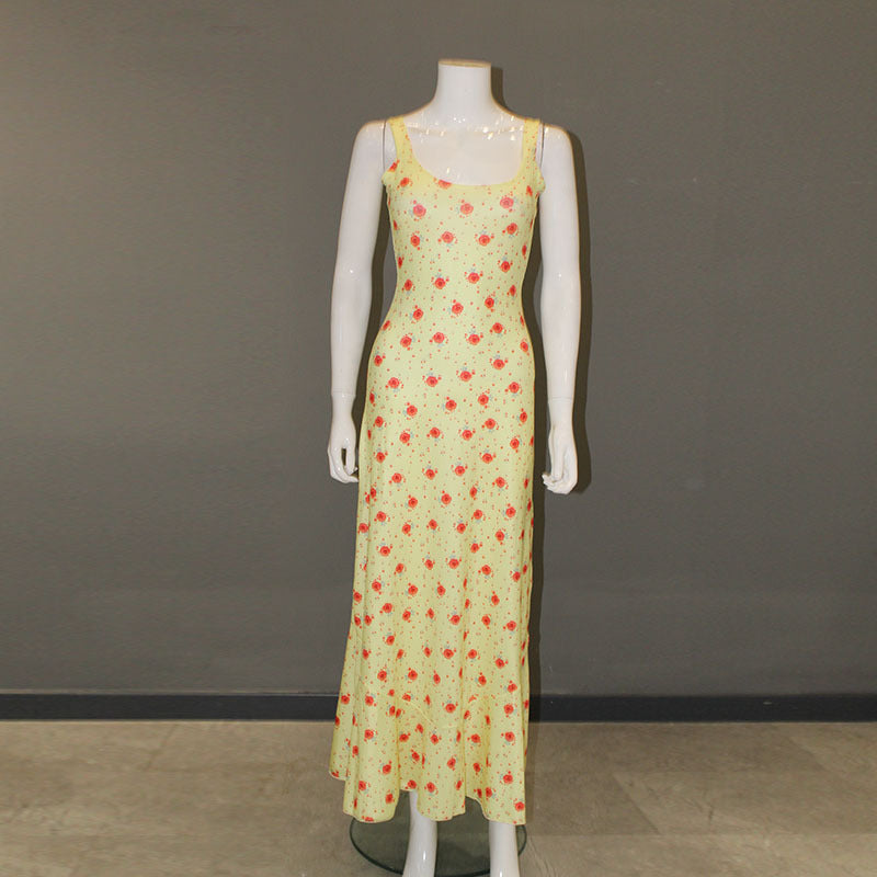 French European and American foreign trade women's floral long skirt suspender soft and comfortable sexy casual vacation trend cotton dress by My Store